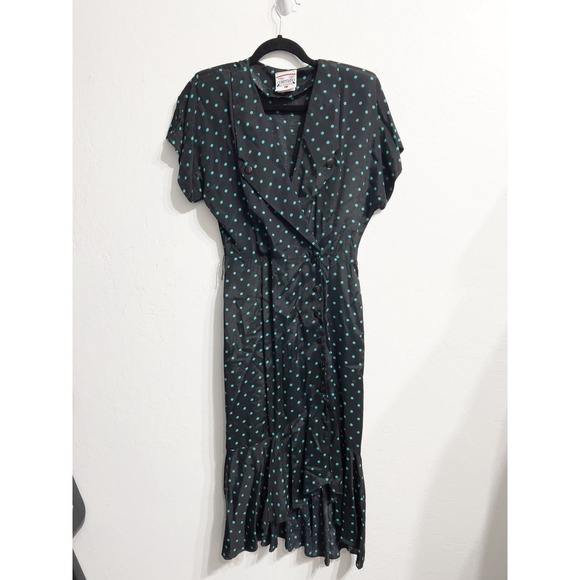 Vintage Contempo Casuals Retro Polka Dot Wrap Button Dress 9 Green Black 90s - Picture 9 of 10